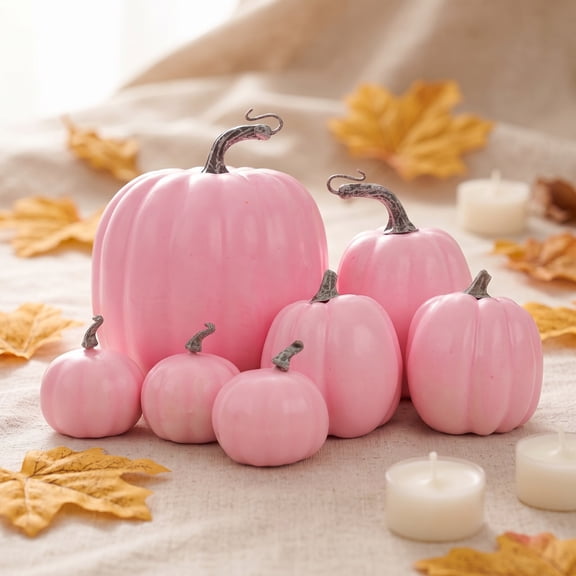 7 Piece Pink Artificial Pumpkins Decor, Farmhouse Fall Centerpiece for Table, Rustic Autumn Halloween Thanksgiving Home Kitchen Mantel Decor, Polyester Fabric Set