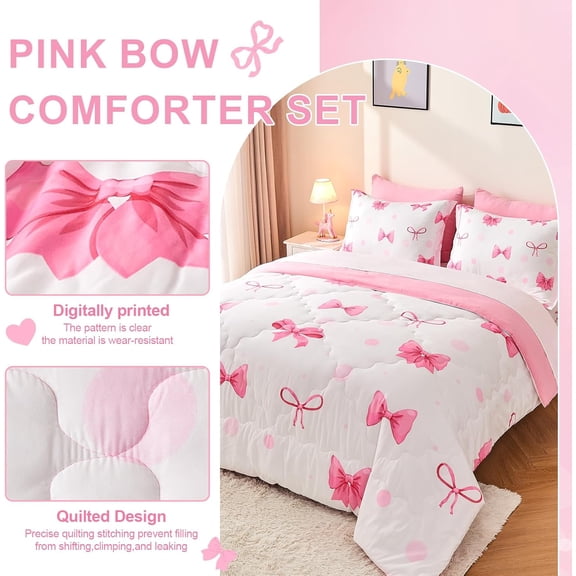 7 Piece Pink Bow Bedding Set for Girls Kids Twin Size Comforter Set with Sheet and 2 Pillowcases 2 Pillow Shams Cute Girls Bed in a Bag as Birthday Choice