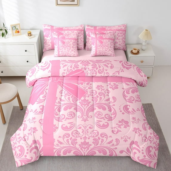 7 Piece Pink Damask Bedding Set Queen,Girly Bowknot Comforter Set Women,Dreamy Princess Bowknot Gifts Flat Fitted Sheet,Vintage Antique Baroque Victorian Bedding Comforter Sets