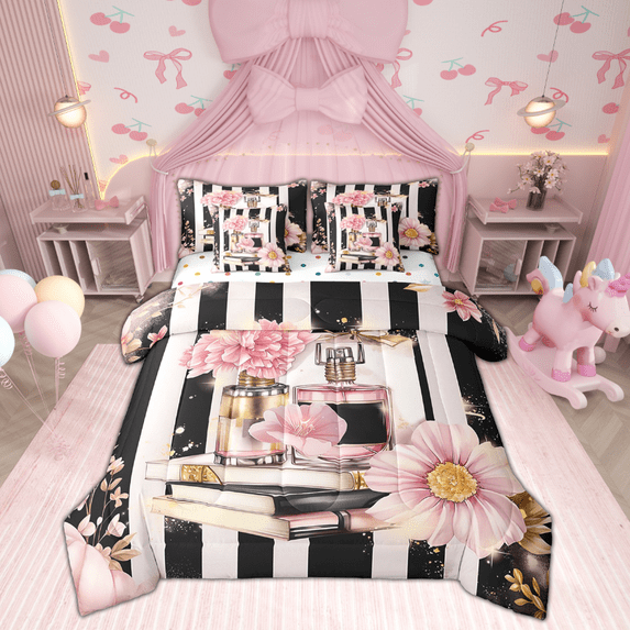 7 Piece Pink Floral Bed In A Bag King Size Modern Fashion Girly Comforter Set Romantic Makeup Themed Bed Set Black White Stripe Sheet Set Women Perfume Print Bedding Fitted Sheet