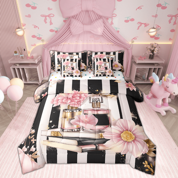 7 Piece Pink Floral Bed In A Bag Twin Size Modern Fashion Girly Comforter Set Romantic Makeup Themed Bed Set Black White Stripe Sheet Set Women Perfume Print Bedding Fitted Sheet