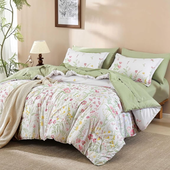 7 Piece Pink Green Floral Comforter Set Queen Size, Cute Botanical Comforters Cottagecore Flower Bed in a Bag Soft Complete Farmhouse Bedding Set with Sheets for All Season