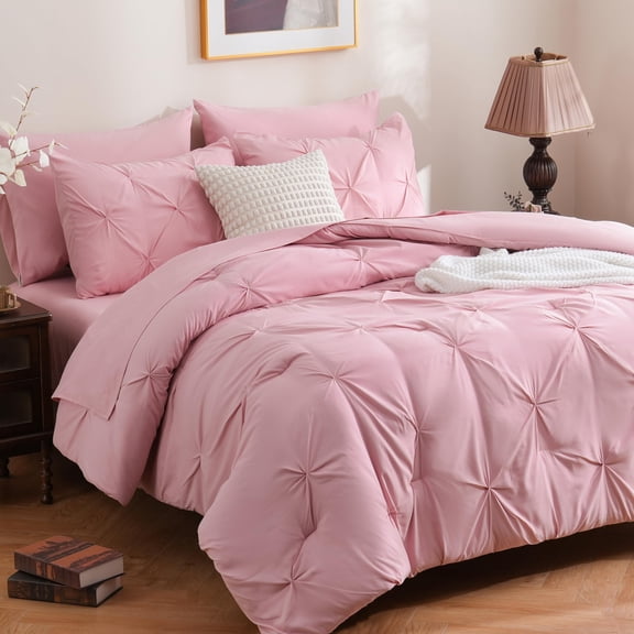 7 Piece Pink Queen Pinch Pleat Microfiber Bed-in-a-Bag All Season Bedding Set