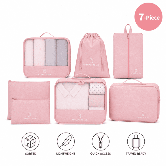 7-Piece Pink Travel Packing Cubes, Luggage Organizer Bags
