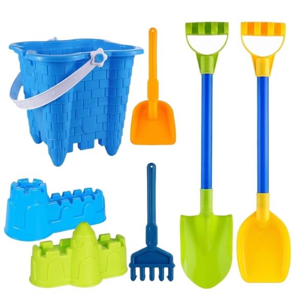 7 Piece Plastic Beach Sand Activity Set, Large Castle Bucket Shovels and Sand Mold Kit for Outdoor Beach Pool Summer Fun