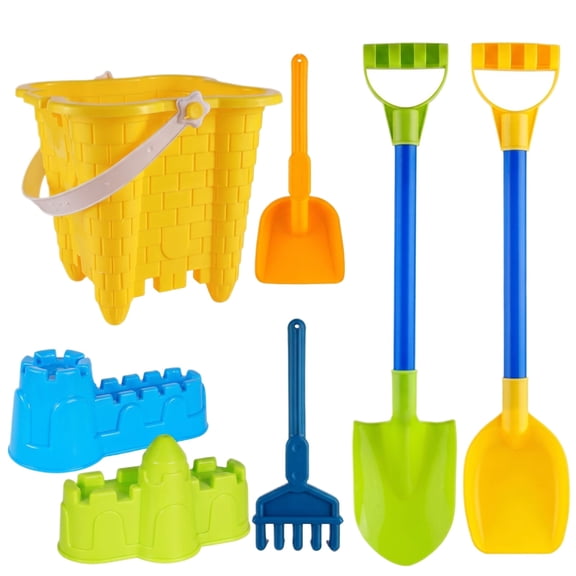 7 Piece Plastic Beach Sand Activity Set, Large Yellow Castle Bucket Shovels and Sand Mold Kit for Outdoor Beach Pool Summer Fun