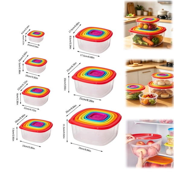 7-Piece Plastic Rainbow Food Storage Container Set – Multi-Color Nesting Bowls With Matching Lids for Kitchen Organization, Meal Prep & Leftovers