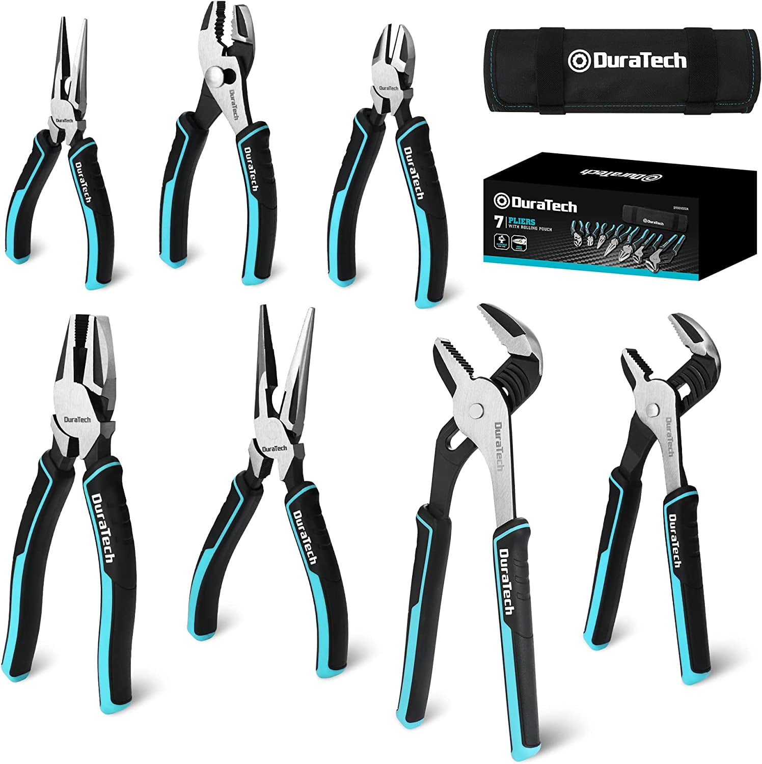 7-Piece Pliers Set with Rolling Pouch, Premium Cr-Ni Construction (10", 8" Groove Joint Pliers, 8", 6" Long Needle Nose, 8" Linesman, 6" Slip Joint, 6" Diagonal) for Basic Repair
