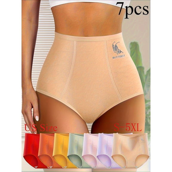 7-Piece Plus Size Women's High-Waisted Tummy Control Briefs - Butterfly Alphabet Pattern, Breathable Soft Fabric, Seamless Comfort Design, 7 Colors (Beige to Red) for Everyday and Special Occasions,