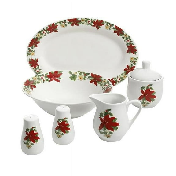 7 Piece Poinsettia Porcelain Serving Set, Red