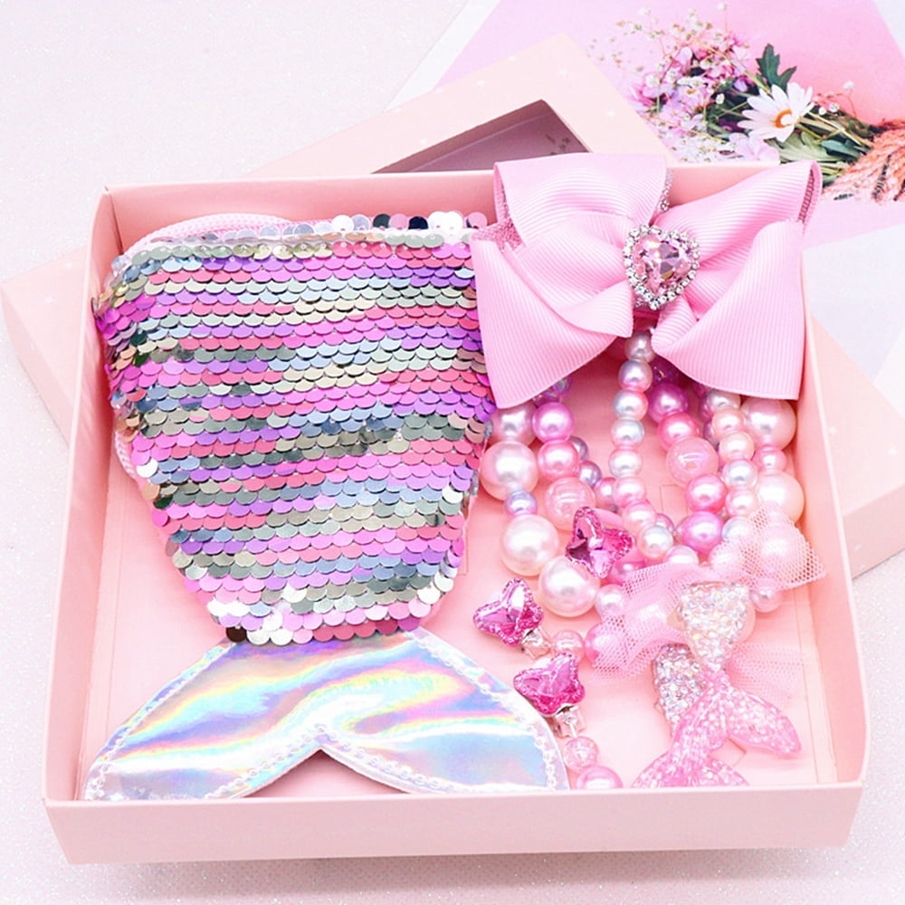 SPECOOL 7-Piece Princess Dress Up Game Jewelry Gift Box Set Sequins Mermaid Tail Coin Purse Necklace Bracelet Ring Pearl Earrings Gifts (The Pink Mermaid)