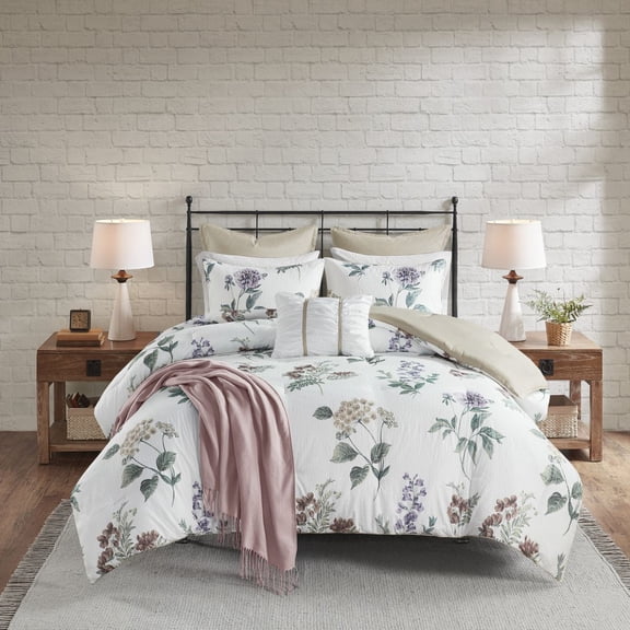 7 Piece Printed Seersucker Comforter Set with Throw Blanket Taupe/Blush Full/Que