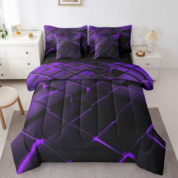 7 Piece Purple Geometric Bed in a Bag King Modern Abstract Plaid Bedding,Black Honeycomb Print Bedding Comforter Sheet Set Beehive Geometrical Cushiom Covers Square Pattern Fitted Sheet