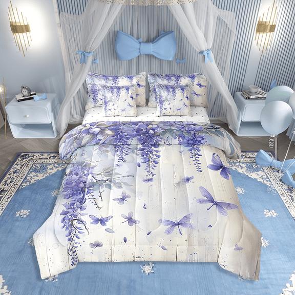 7 Piece Purple Lavender Twin Comforter Set with Sheets,Butterfly Dragonfly Floral Bed in a Bag,Rustic Country Flower Bed Set Wildlife Animal Bedding Set with Fitted Sheet,Flat Sheet