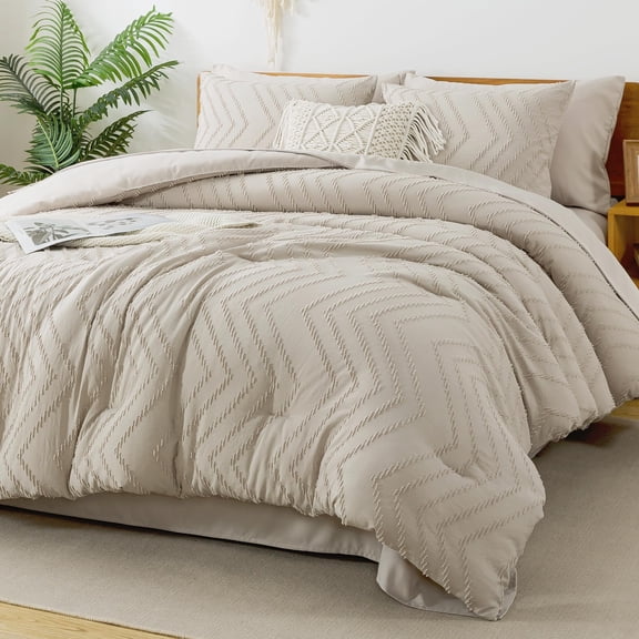 7 Piece Queen (90"x90") Dark Oatmeal Chevron Tufted Bed-in-a-Bag Bedding Set