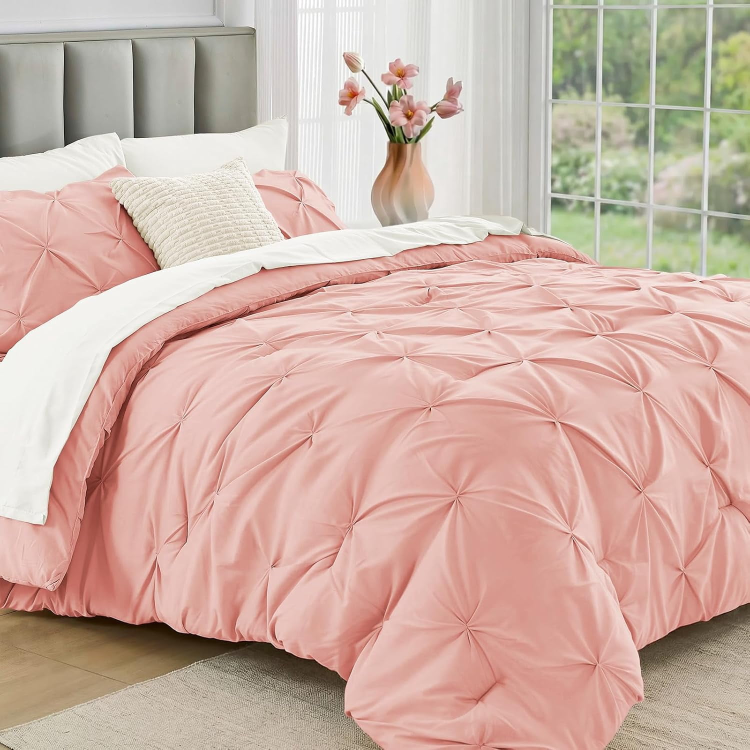 7-Piece Queen Beige Pintuck Comforter Set, All Season Bed in a Bag with ...