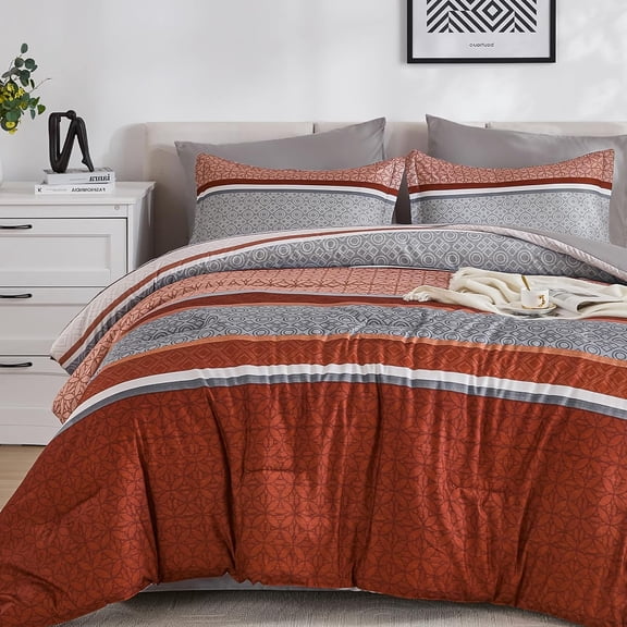 7-Piece Queen Burnt Orange Striped Comforter Set, Boho Lightweight Microfiber Bed in a Bag