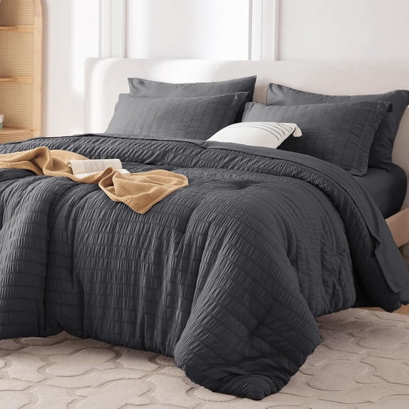 7-Piece Queen Comforter Set, Seersucker Bed in a Bag All Season Luxury Bedding with Comforter, Sheets, Pillowcases & Shams, Ivory