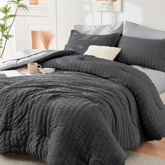 7-Piece Queen Dark Grey Seersucker Comforter Set, All Season Luxury Bedding with Sheets, Pillowcases & Shams