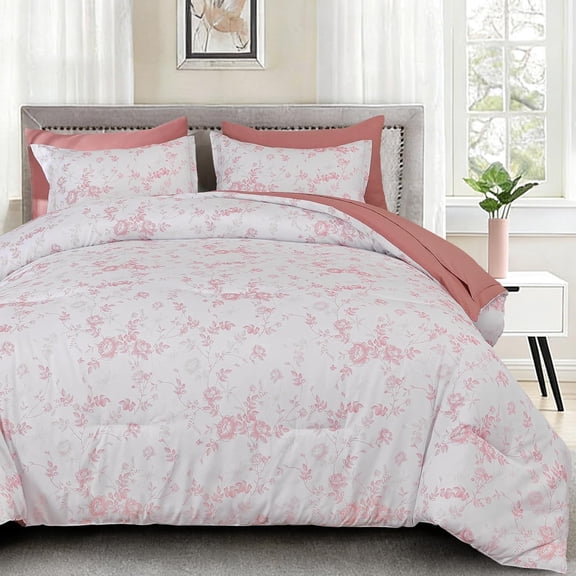 7-Piece Queen Floral Bedding Set, Blue Rose Romantic Reversible Design, Soft Fabric Complete Bed Kit with Matching Sheets