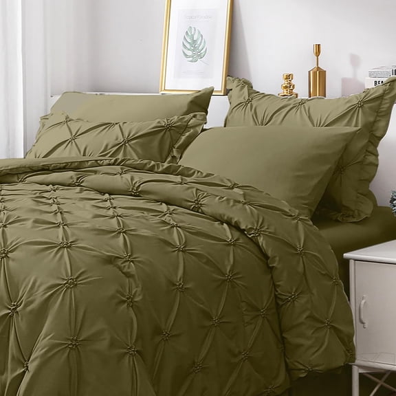 7-Piece Queen Olive Green Pintuck Comforter Set, Bedding with Comforter, Sheets, Ruffled Shams & Pillowcases
