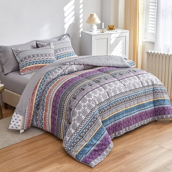 7-Piece Queen Pink Blue Floral Tribal Bohemian Reversible Comforter Set, All Season Bed in a Bag with Sheets & Pillowcases