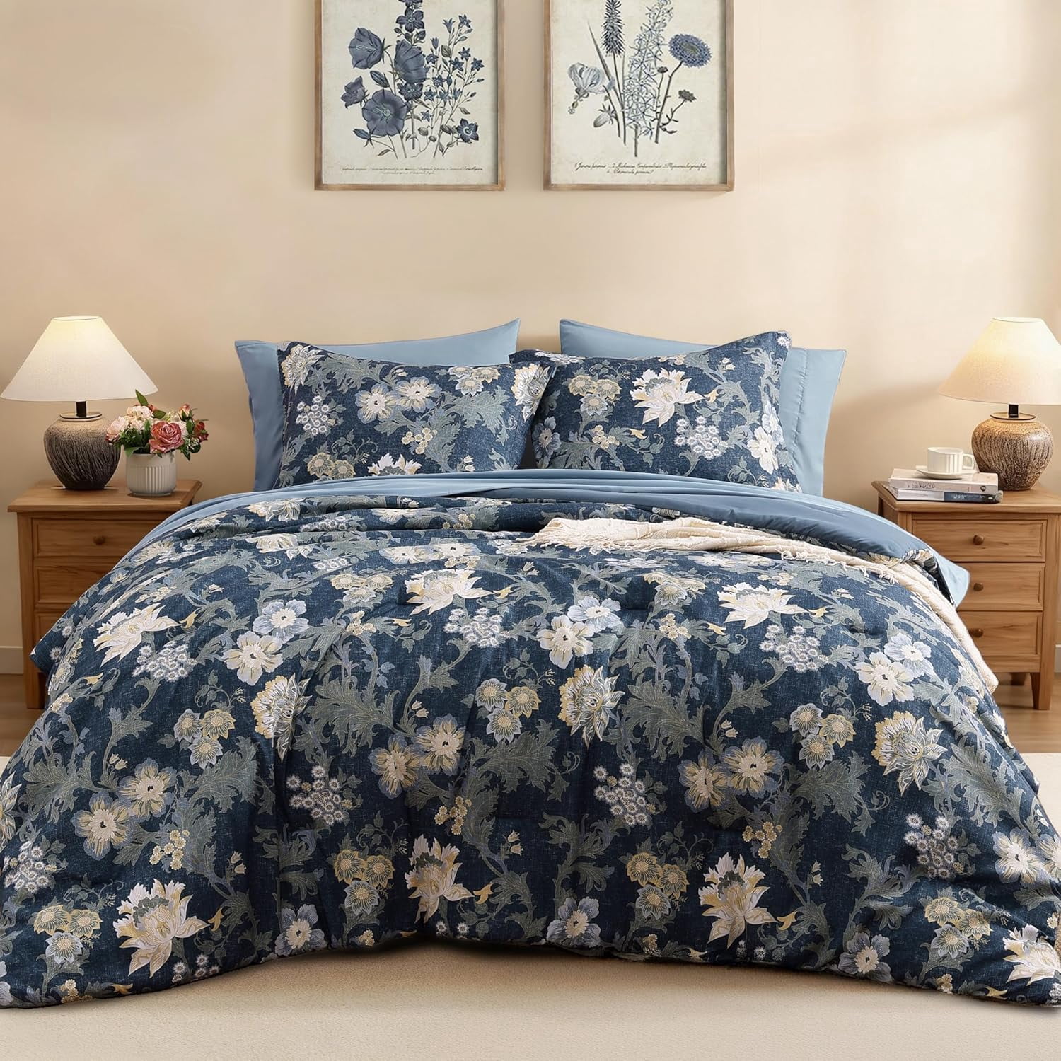 7-Piece Queen Pink Floral Botanical Comforter Set, All Season Bed in a ...