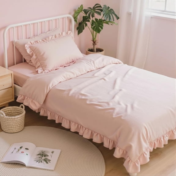 7-Piece Queen Pink Ruffle Shabby Chic Comforter Set, All Season Bedding with Comforter, Sheets, Pillowcases & Shams