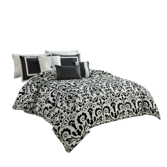 7 Piece Queen Polyester Comforter Set with Large Medallion in Black and White