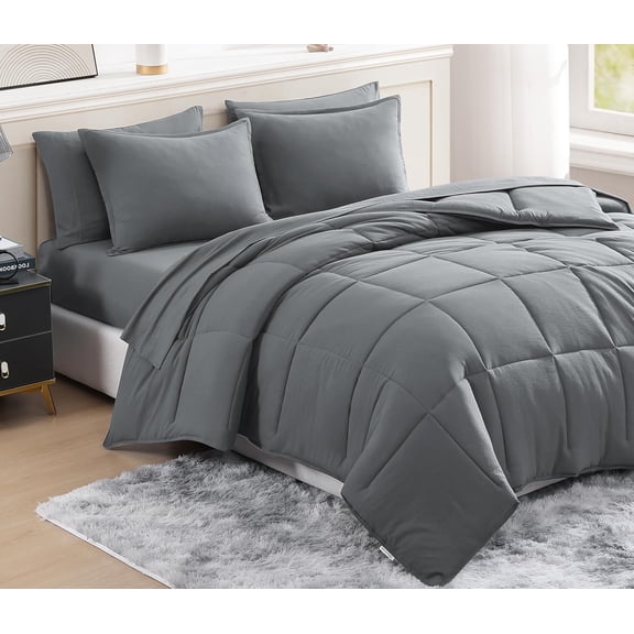 7-Piece Queen Pre-Washed Silver Microfiber Comforter Set, Soft Brushed All Season Bed in a Bag with Sheets & Pillowcases