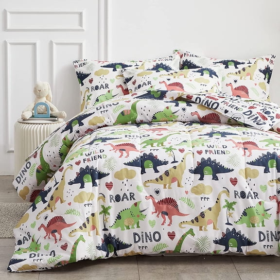 7 Piece Queen Size Bed in a Bag Dinosaur Print Microfiber Comforter Set for Kids Boys Girls