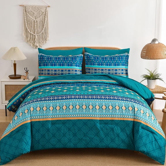 7-Piece Queen Size Boho Comforter Set, Turquoise Blue Paisley Floral Striped Bed in a Bag