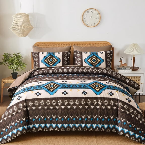 7-Piece Queen Size Brown & Blue Boho Aztec Comforter Set, All-Season Geometric Striped Bedding