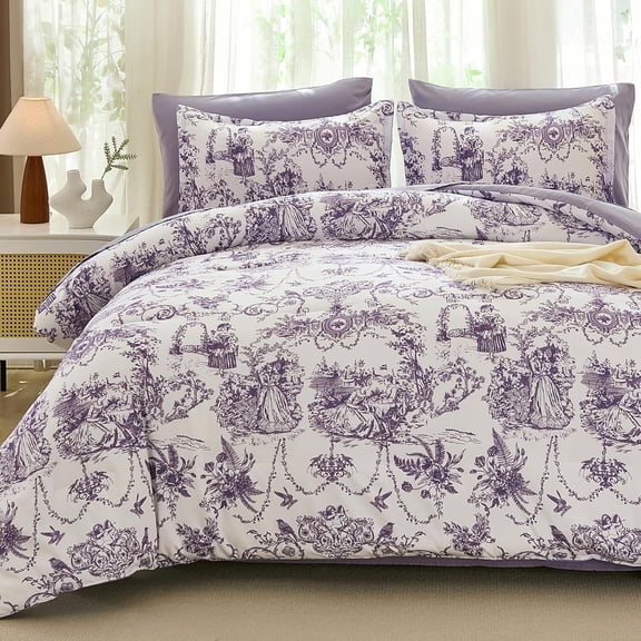 7-Piece Queen Size Green Botanical Floral Bedding Set, Soft Microfiber Toile de Jouy Style All Season Bed In Bag With Matching Sheets & Pillow Covers