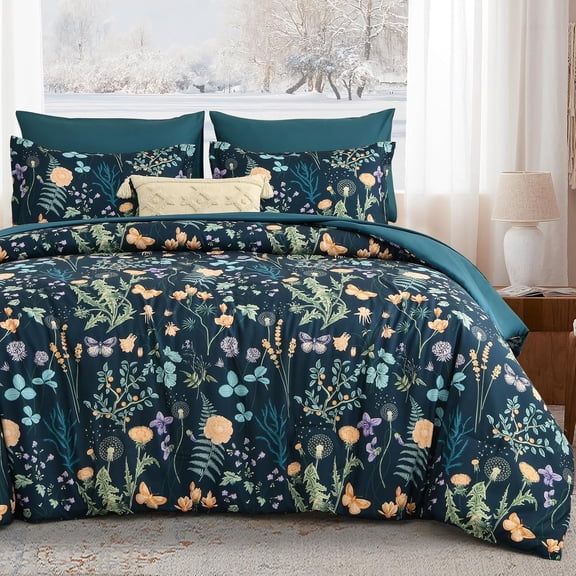 7 Piece Queen Size Peacock Blue Floral Comforter Set with Sheets