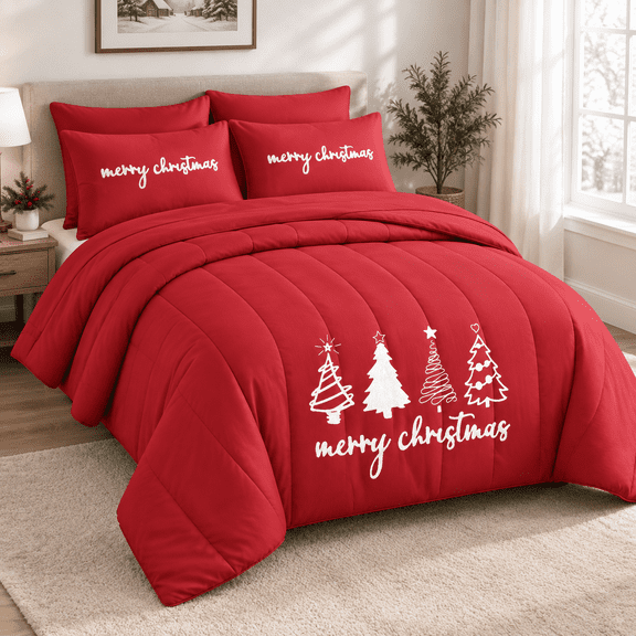 7 Piece Queen Size Tree Embroidery Christmas Bedding Bed-in-a-Bag Set