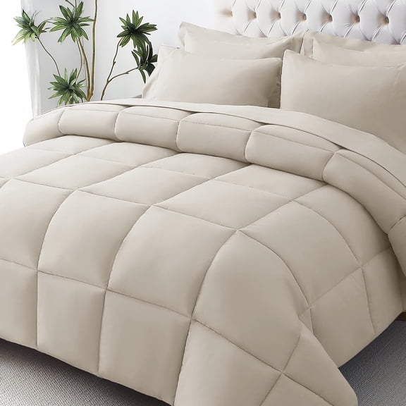 7-Piece Queen Size Ultra-Soft Comforter Bed in a Bag Set with Down Alternative Filling, Oatmeal