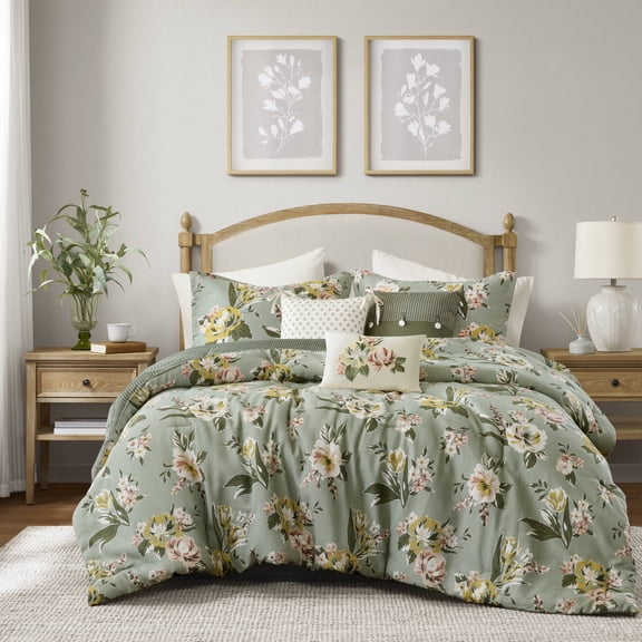 7-Piece Queen Vin Floral Comforter Set, Green