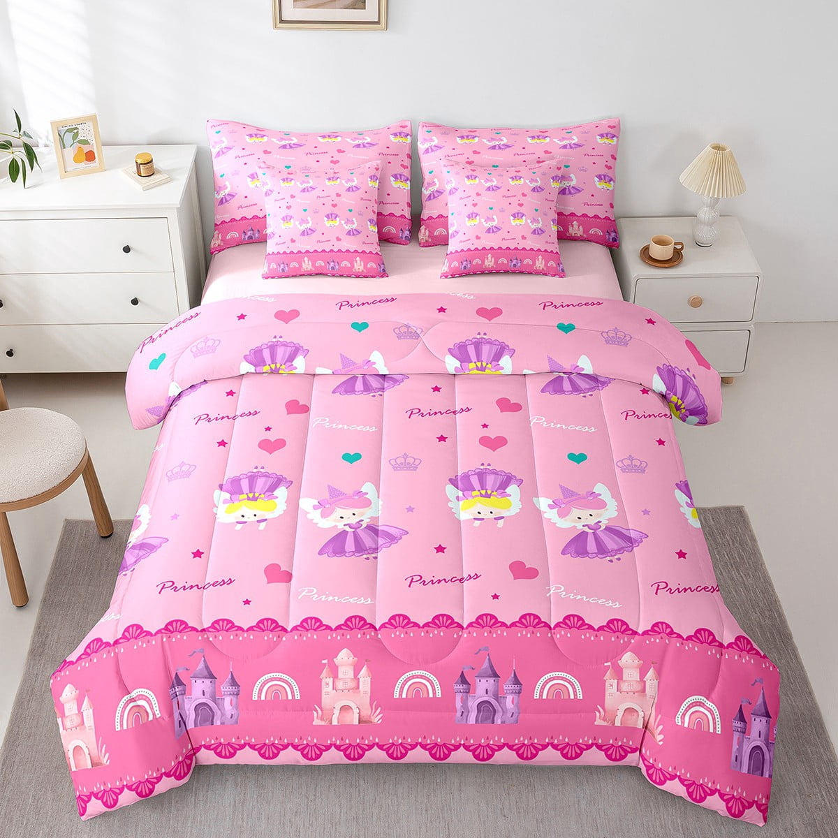 Manfei Girls Castle Princess Bedding Set – Pink Rose Floral Twin Sheets With Pillowcase