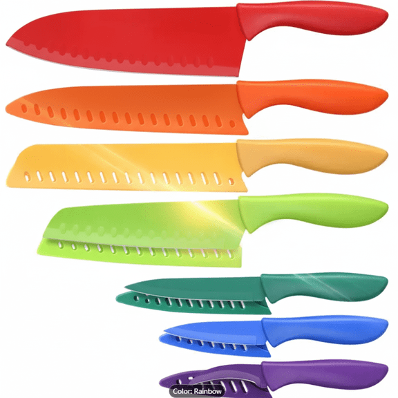 7 Piece Rainbow Sharp Kitchen Knife Set, Anti-Rust Coating Stainless Steel Chef Knife Sets 7 Knives With Blade Guards