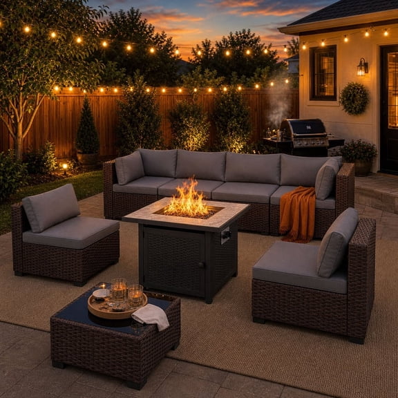 7-Piece Rattan Patio Furniture Set with 30" Gas Fire Pit Table, Conversation Sofa Set & 50,000 BTU Outdoor Heater with Lava Rocks, Gray&Black