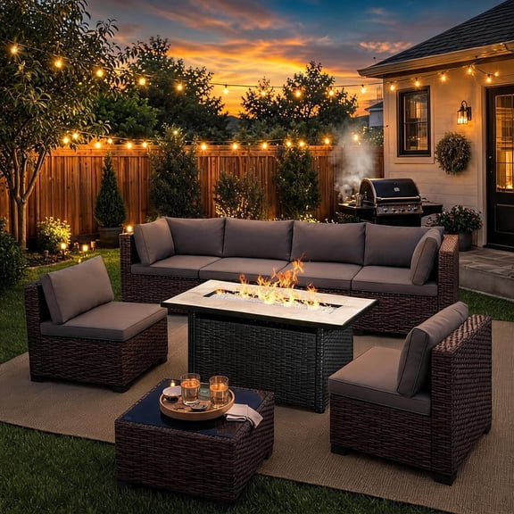 7-Piece Rattan Patio Furniture Set with 45" Gas Fire Pit Table, Conversation Sofa Set & 50,000 BTU Outdoor Heater with Lava Rocks, Gray&Black