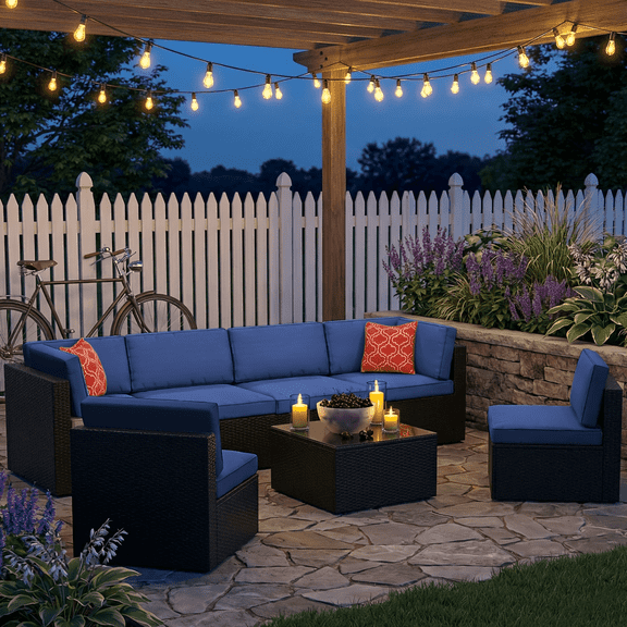 Junkai 7-Piece Rattan Outdoor Sectionals with Plush Cushions and Coffee Table, Blue