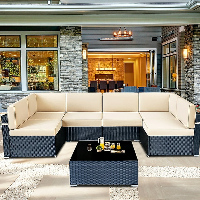 7 Piece Rattan Sectional Sofa Set, Outdoor Conversation Set, All