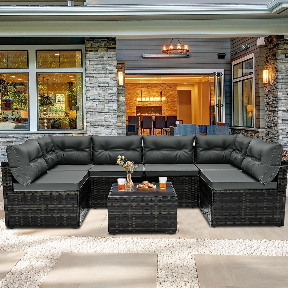 7 Piece Rattan Sectional Sofa Set Outdoor Conversation Set All