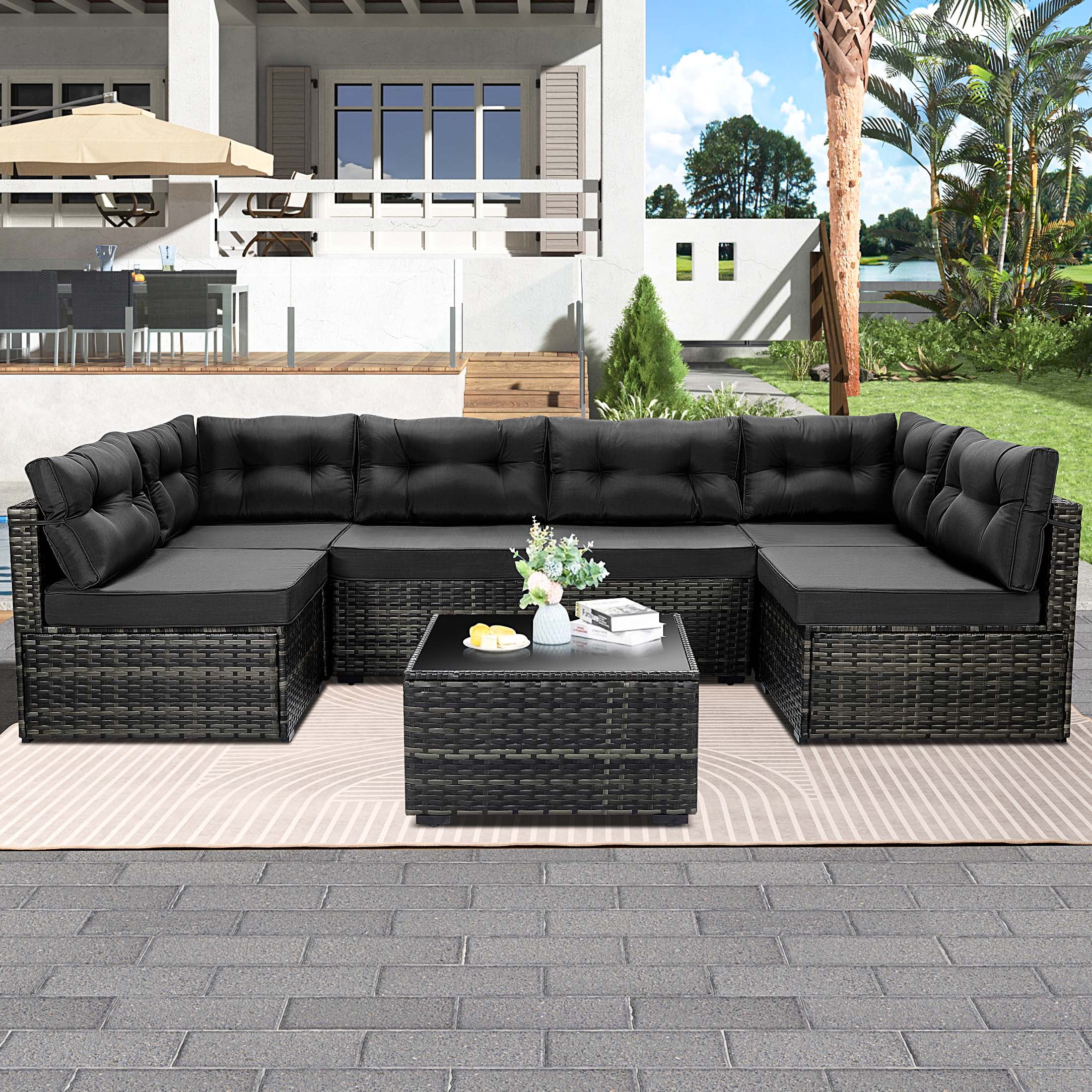 7 Piece Rattan Sectional Sofa Set, Outdoor Conversation Set, AllWeather Wicker Sectional