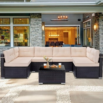 7 Piece Rattan Sectional Sofa Set, Outdoor Conversation Set, All-Weather Wicker Sectional Seating Group with Cushions & Coffee Table, Morden Furniture Couch Set for Patio Deck Garden Pool