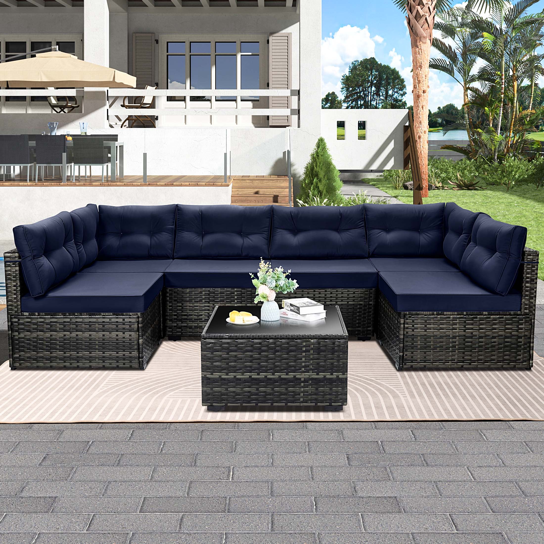 7 piece rattan sectional set with cushions new arrivals