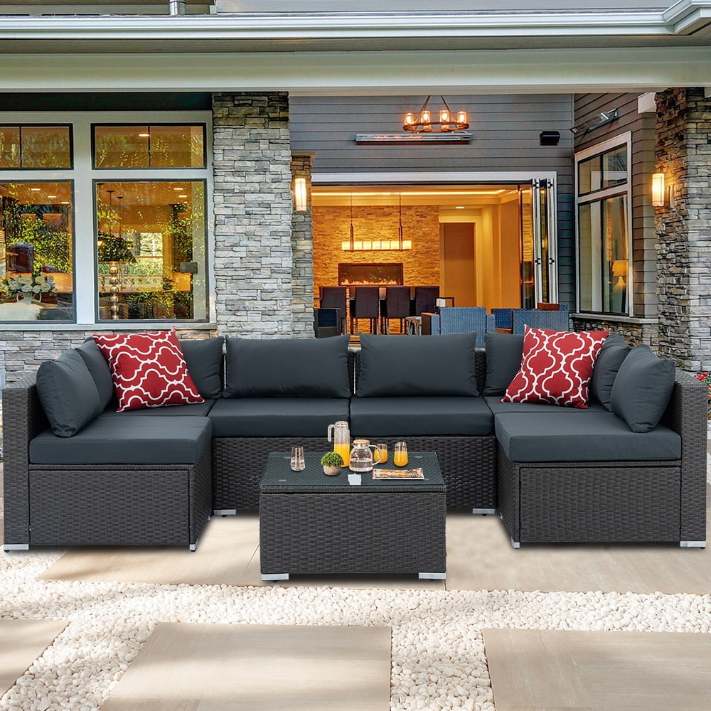 7 Piece Rattan Sectional Sofa Set Outdoor Conversation Set All Weather Wicker Sectional Seating Group with Cushions Coffee Table Morden Furniture Couch Set for Patio Deck Garden Pool Walmart Business ...