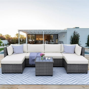7 Piece Rattan Sectional Sofa Set, Outdoor Conversation Set, All-Weather Wicker Sectional Seating Group with Cushions & Coffee Table, Morden Furniture Couch Set for Patio Deck Garden Pool, B1313